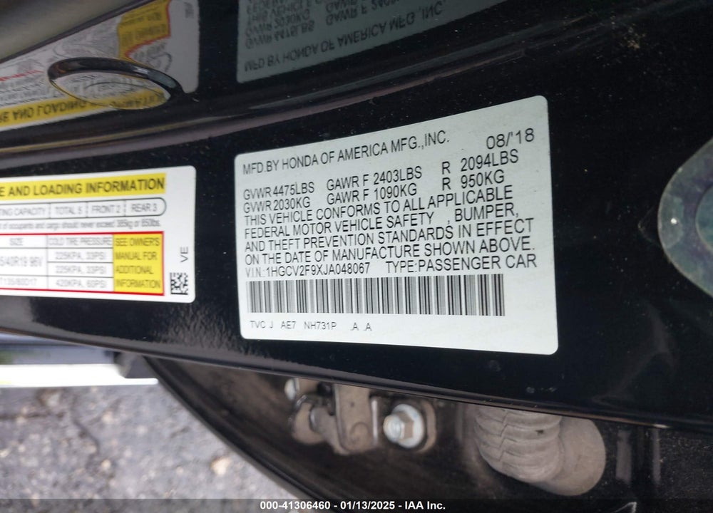 2018 HONDA ACCORD VIN: 1HGCV2F9XJA048067