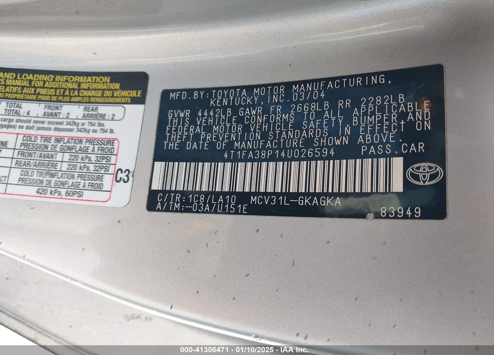 2004 TOYOTA CAMRY SOLARA SLE VIN: 4T1FA38P14U026594