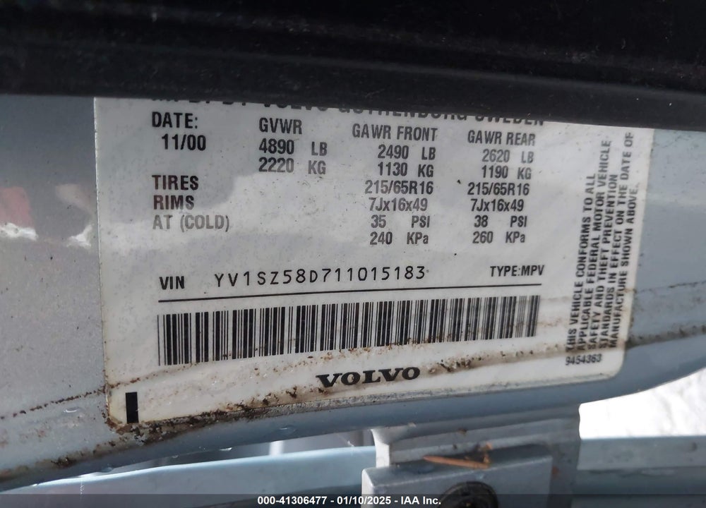 2001 VOLVO V70 XC VIN: YV1SZ58D711015183