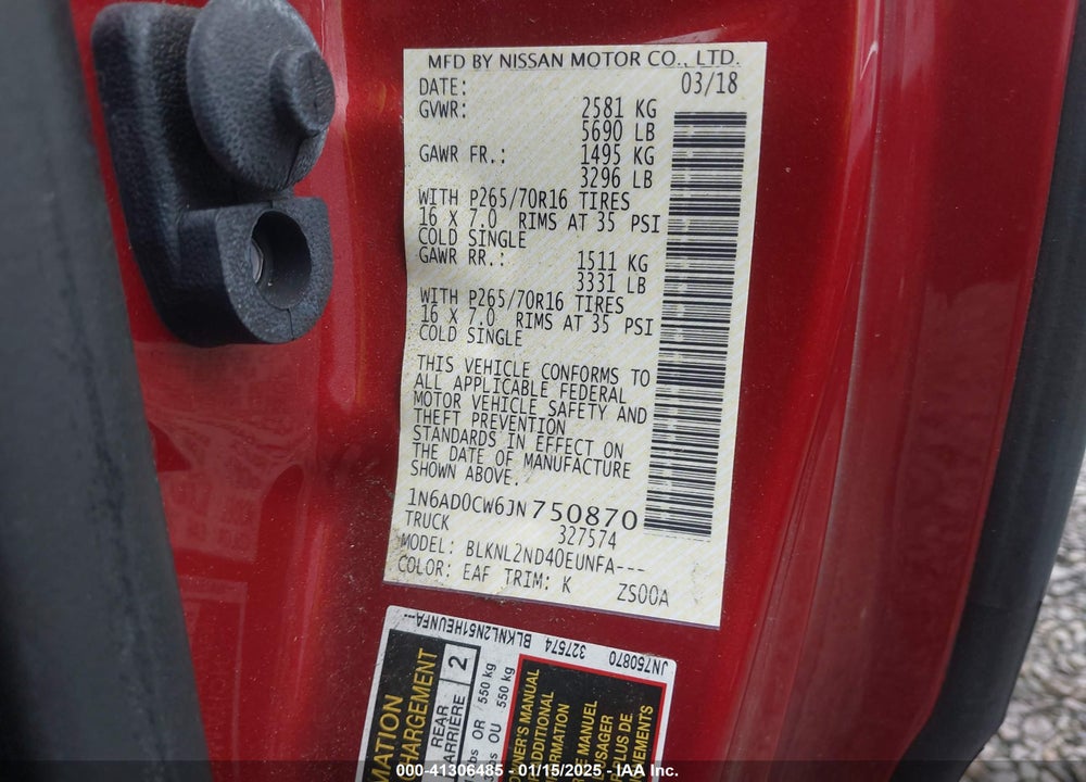 2018 NISSAN FRONTIER VIN: 1N6AD0CW6JN750870