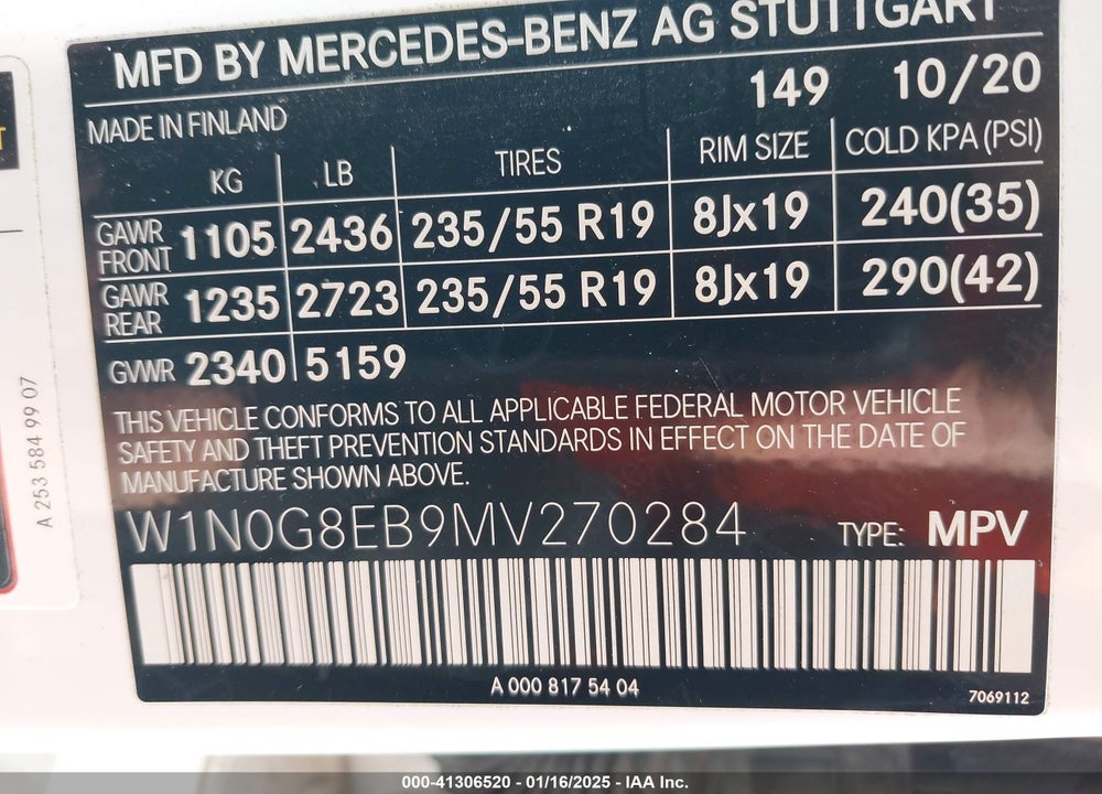 2021 MERCEDES-BENZ GLC 300 4MATIC SUV VIN: W1N0G8EB9MV270284