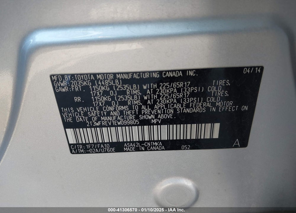 2014 TOYOTA RAV4 VIN: 2T3WFREV1EW099805