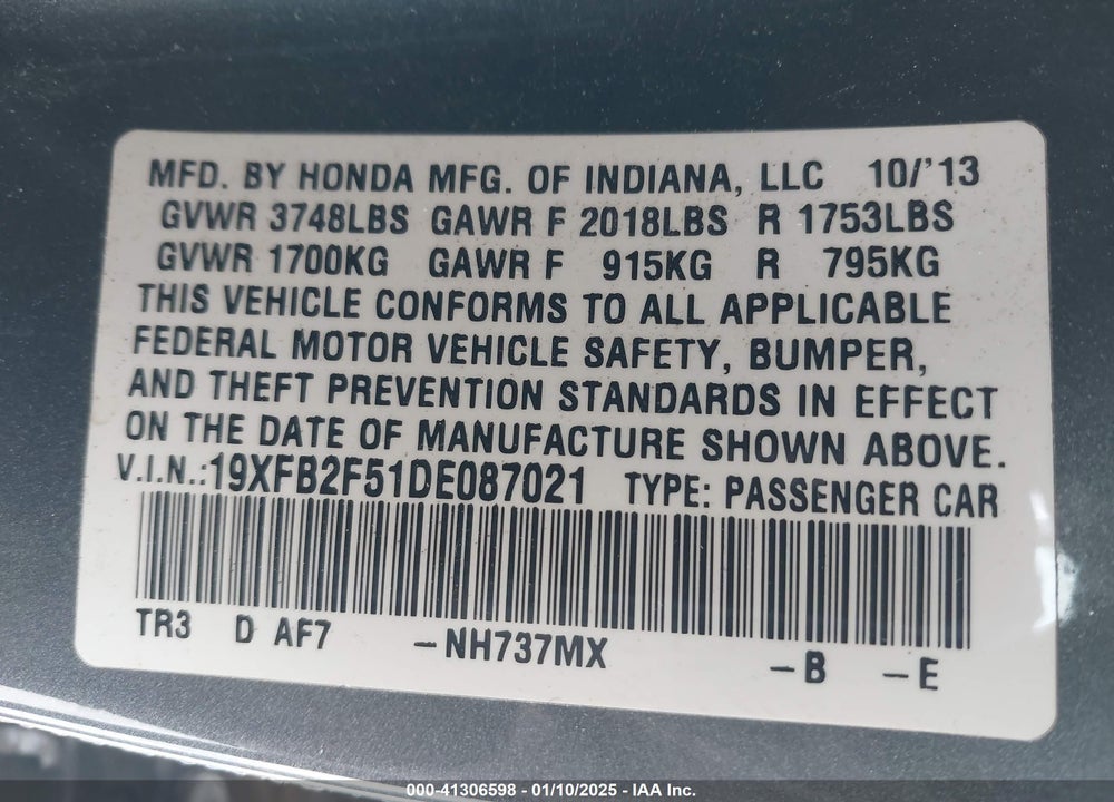 2013 HONDA CIVIC VIN: 19XFB2F51DE087021