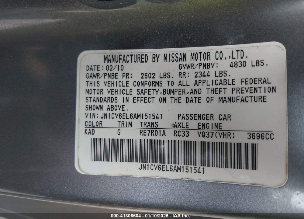 2010 INFINITI G37X VIN: JN1CV6EL6AM151541