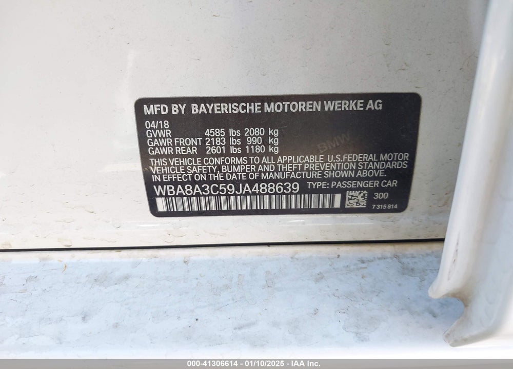 2018 BMW 320I XDRIVE VIN: WBA8A3C59JA488639