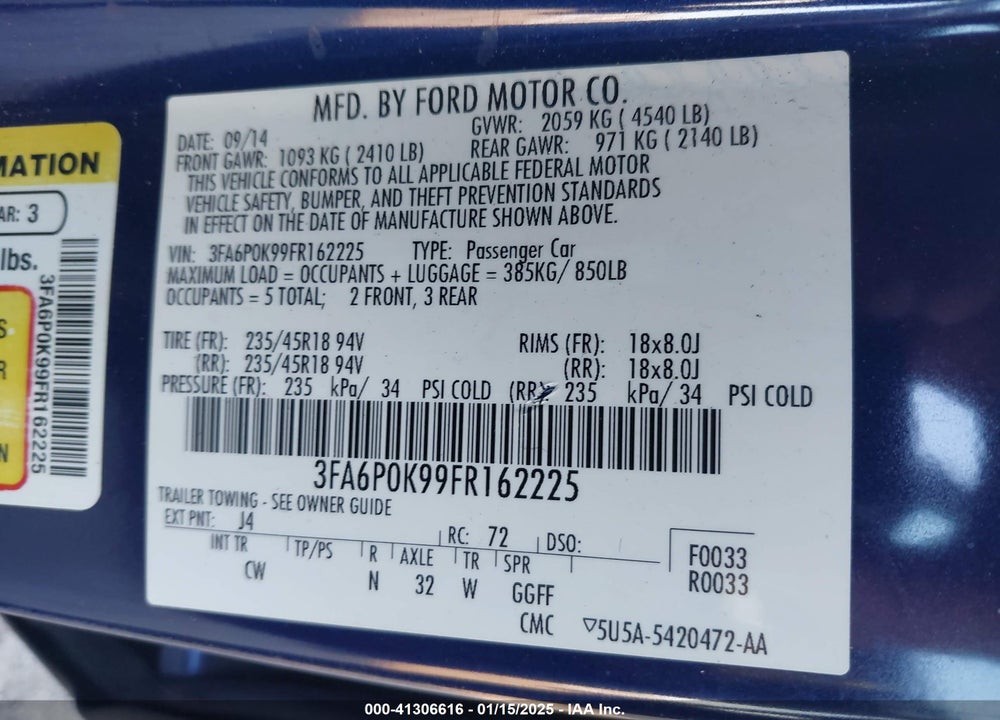 2015 FORD FUSION VIN: 3FA6P0K99FR162225