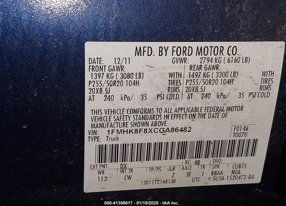 2012 FORD EXPLORER LIMITED VIN: 1FMHK8F8XCGA86482