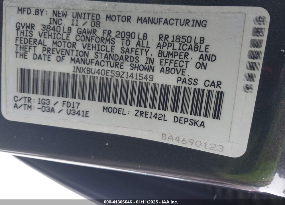 2009 TOYOTA COROLLA VIN: 1NXBU40E59Z141549