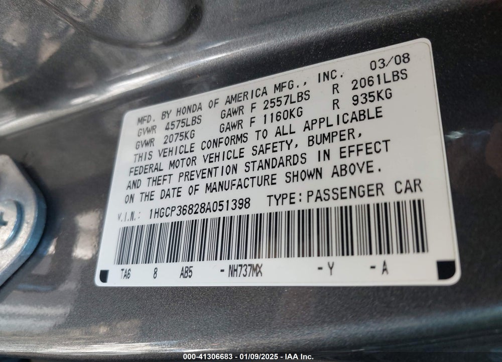 2008 HONDA ACCORD 3.5 EX-L VIN: 1HGCP36828A051398