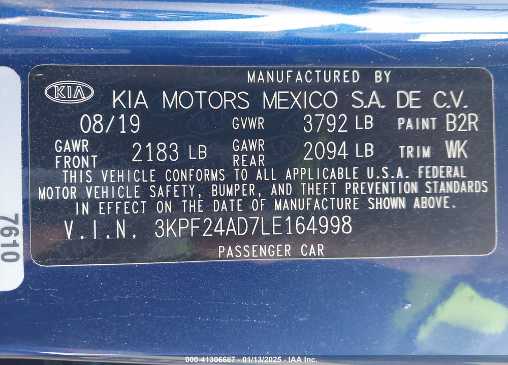 2020 KIA FORTE VIN: 3KPF24AD7LE164998