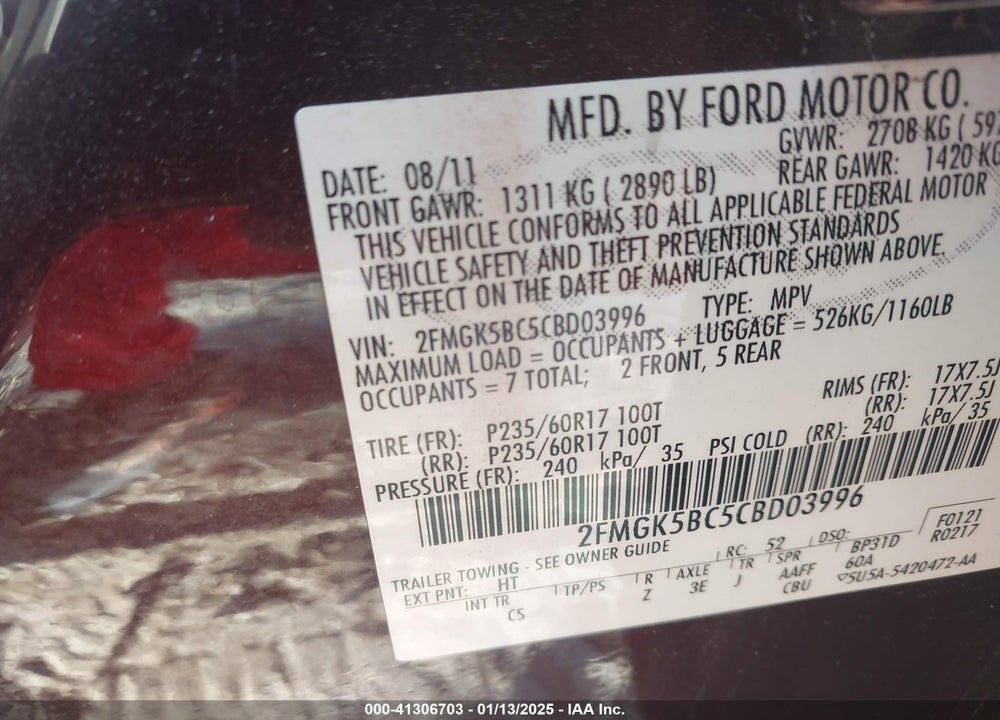 2012 FORD FLEX VIN: 2FMGK5BC5CBD03996
