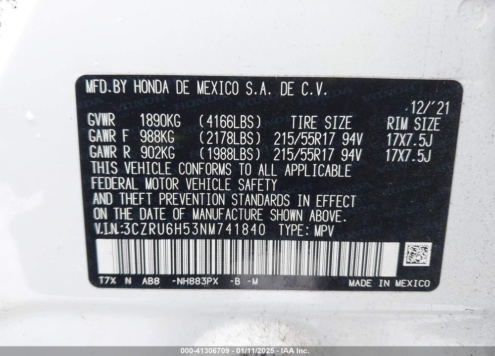 2022 HONDA HR-V AWD EX VIN: 3CZRU6H53NM741840