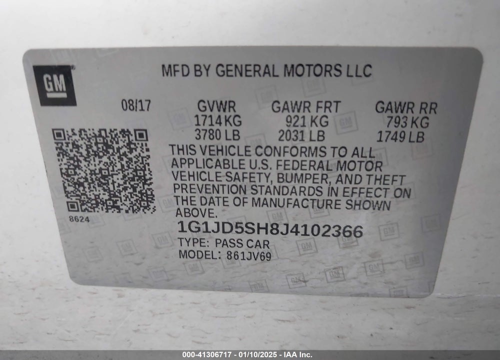 2018 CHEVROLET SONIC VIN: 1G1JD5SH8J4102366