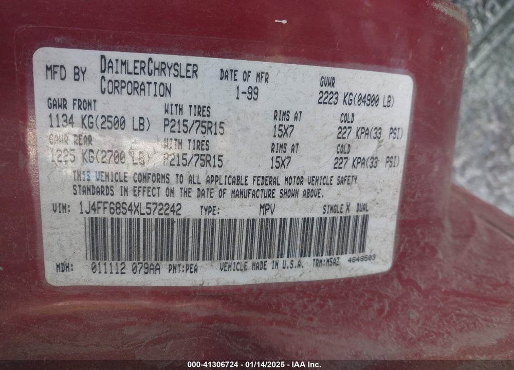 1999 JEEP CHEROKEE CLASSIC/SPORT VIN: 1J4FF68S4XL572242
