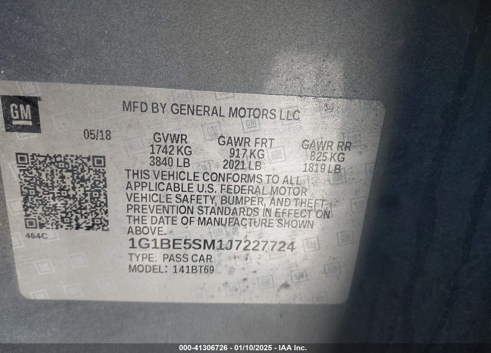 2018 CHEVROLET CRUZE VIN: 1G1BE5SM1J7227724