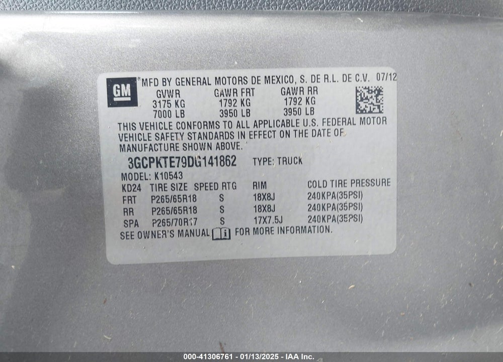 2013 CHEVROLET SILVERADO VIN: 3GCPKTE79DG141862