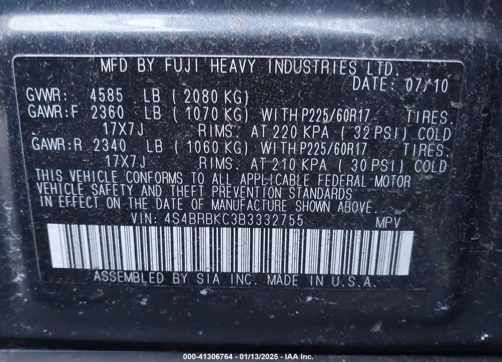 2011 SUBARU OUTBACK 2.5I LIMITED VIN: 4S4BRBKC3B3332755