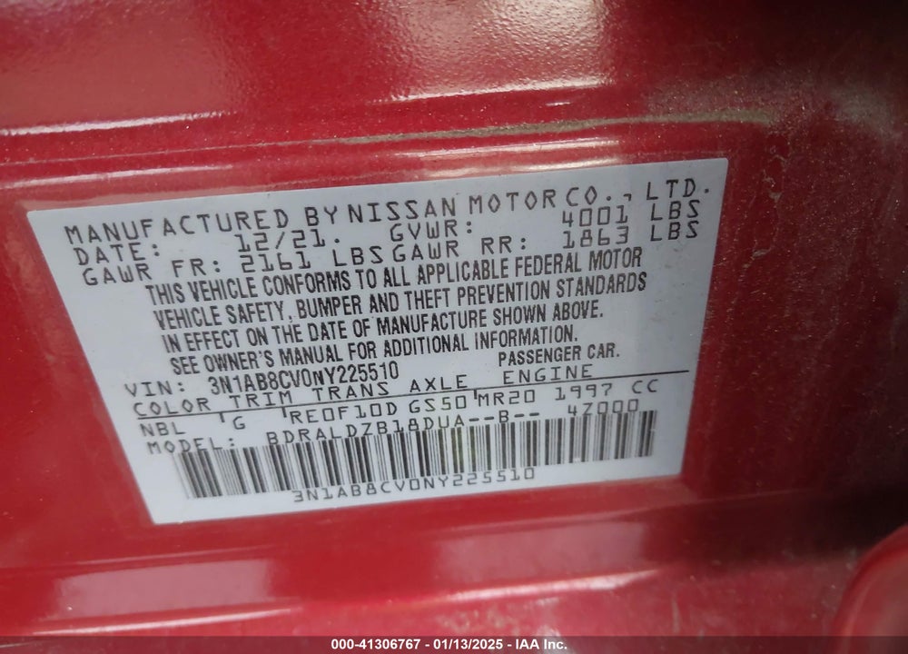 2022 NISSAN SENTRA VIN: 3N1AB8CV0NY225510