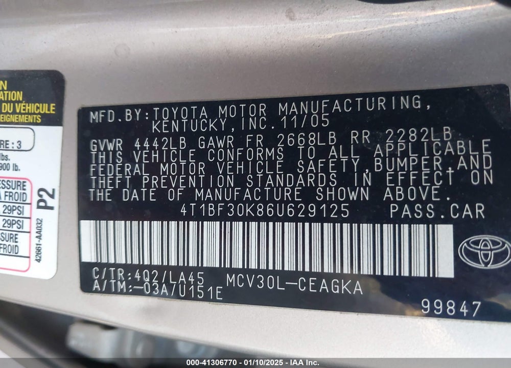 2006 TOYOTA CAMRY VIN: 4T1BF30K86U629125