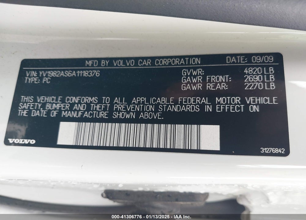 2010 VOLVO S80 3.2 VIN: YV1982AS6A1118376