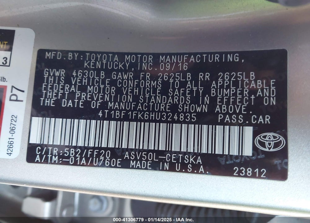 2017 TOYOTA CAMRY VIN: 4T1BF1FK6HU324835