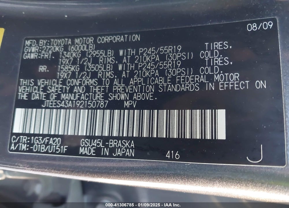 2009 TOYOTA HIGHLANDER SPORT VIN: JTEES43A192150787