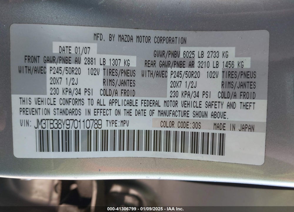2007 MAZDA CX-9 GRAND TOURING VIN: JM3TB38Y970110789
