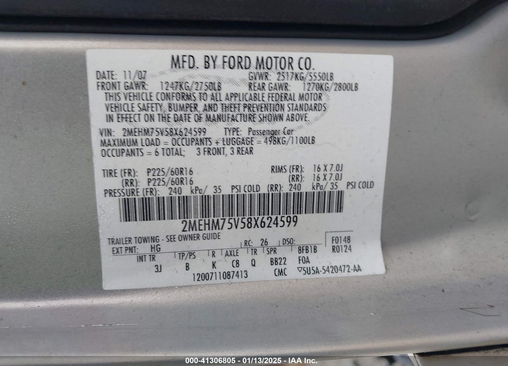 2008 MERCURY GRAND MARQUIS LS VIN: 2MEHM75V58X624599