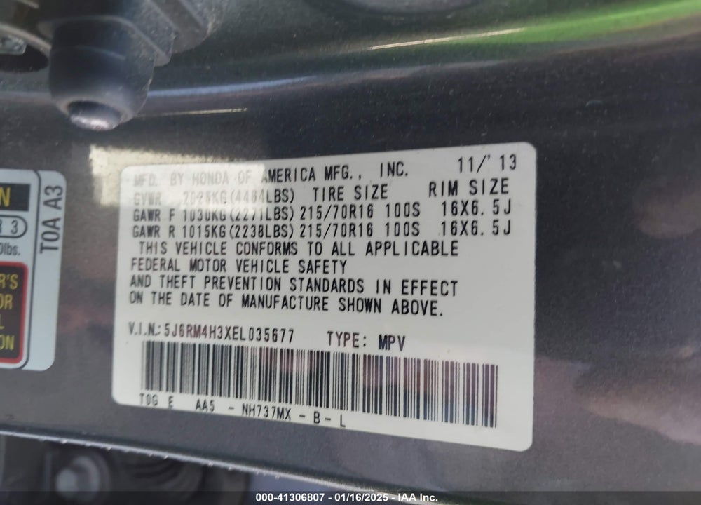 2014 HONDA CR-V LX VIN: 5J6RM4H3XEL035677
