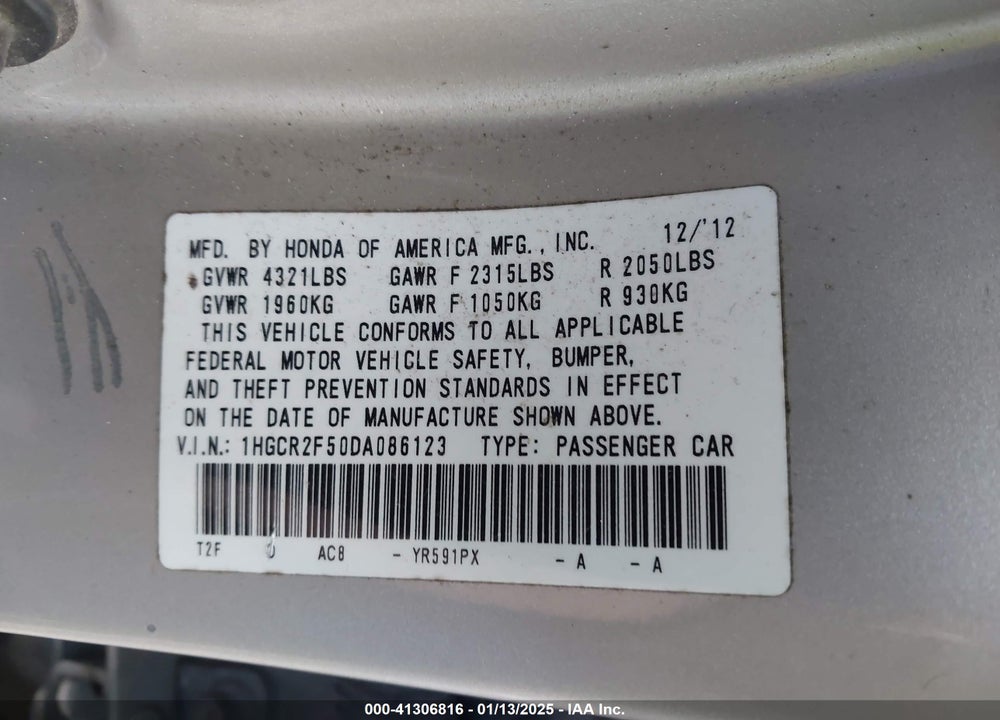 2013 HONDA ACCORD VIN: 1HGCR2F50DA086123