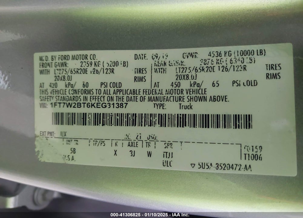 2019 FORD F-250 VIN: 1FT7W2BT6KEG31387