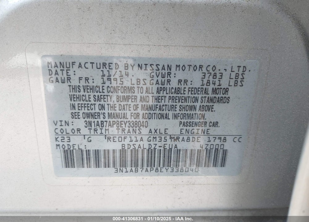 2014 NISSAN SENTRA SV VIN: 3N1AB7AP8EY338040