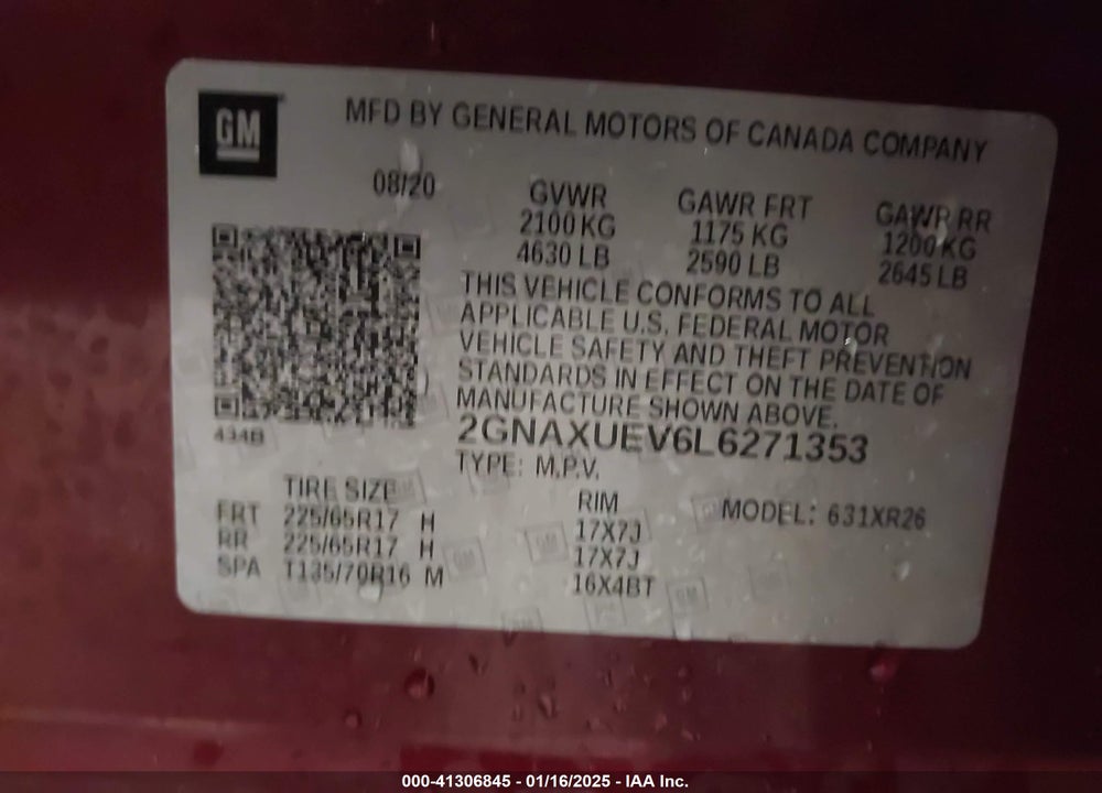 2020 CHEVROLET EQUINOX AWD LT 1.5L TURBO VIN: 2GNAXUEV6L6271353