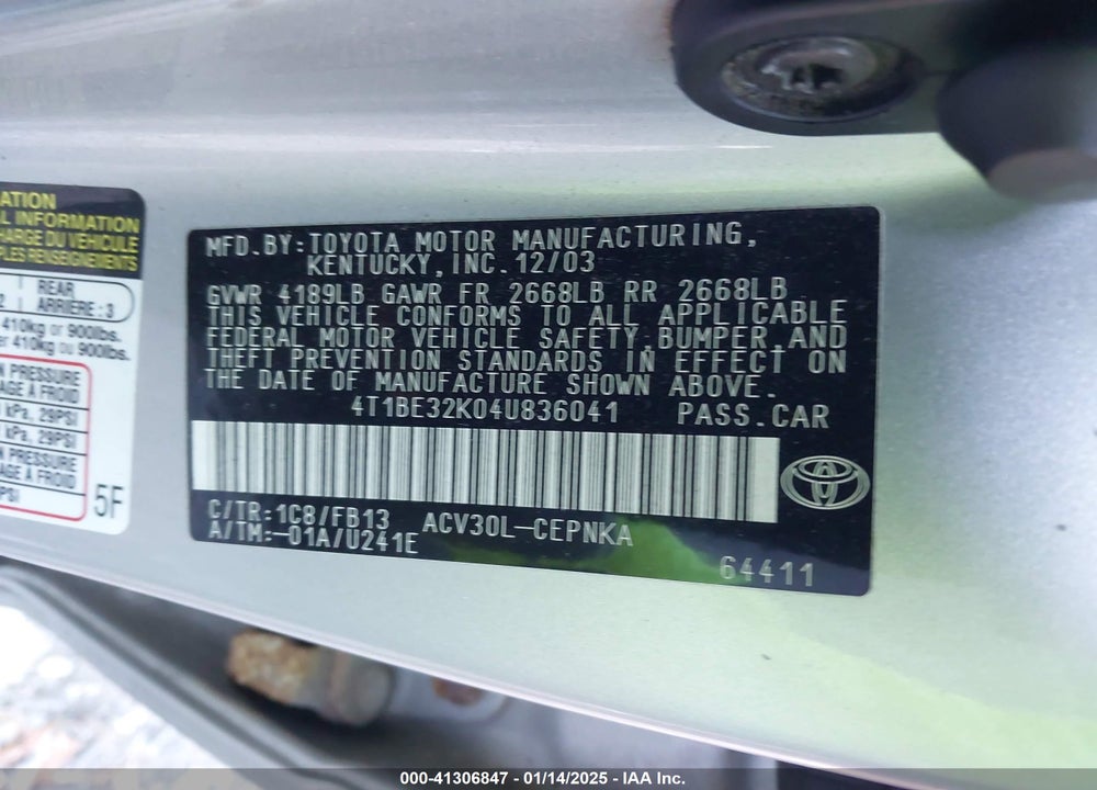 2004 TOYOTA CAMRY VIN: 4T1BE32K04U836041