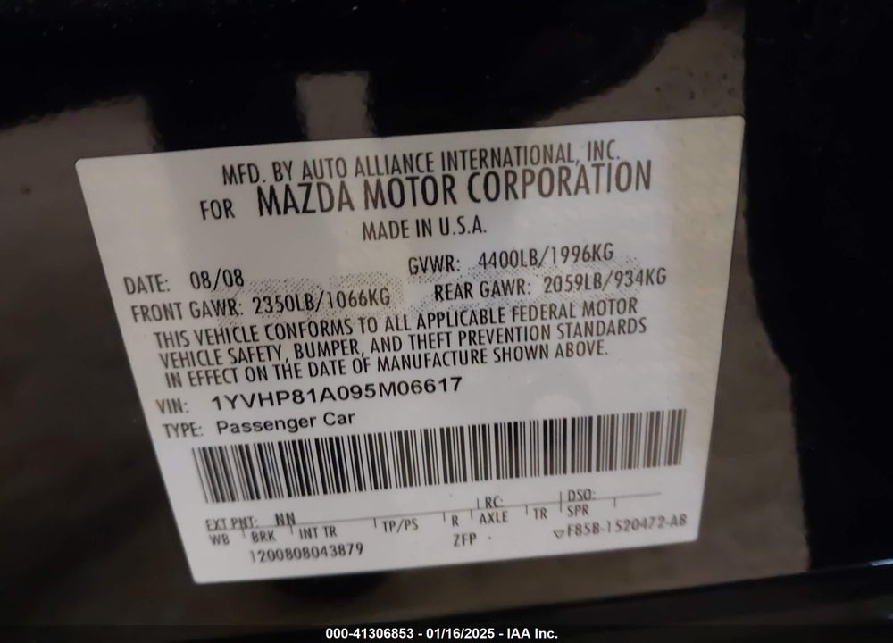 2009 MAZDA 6 I SPORT VIN: 1YVHP81A095M06617
