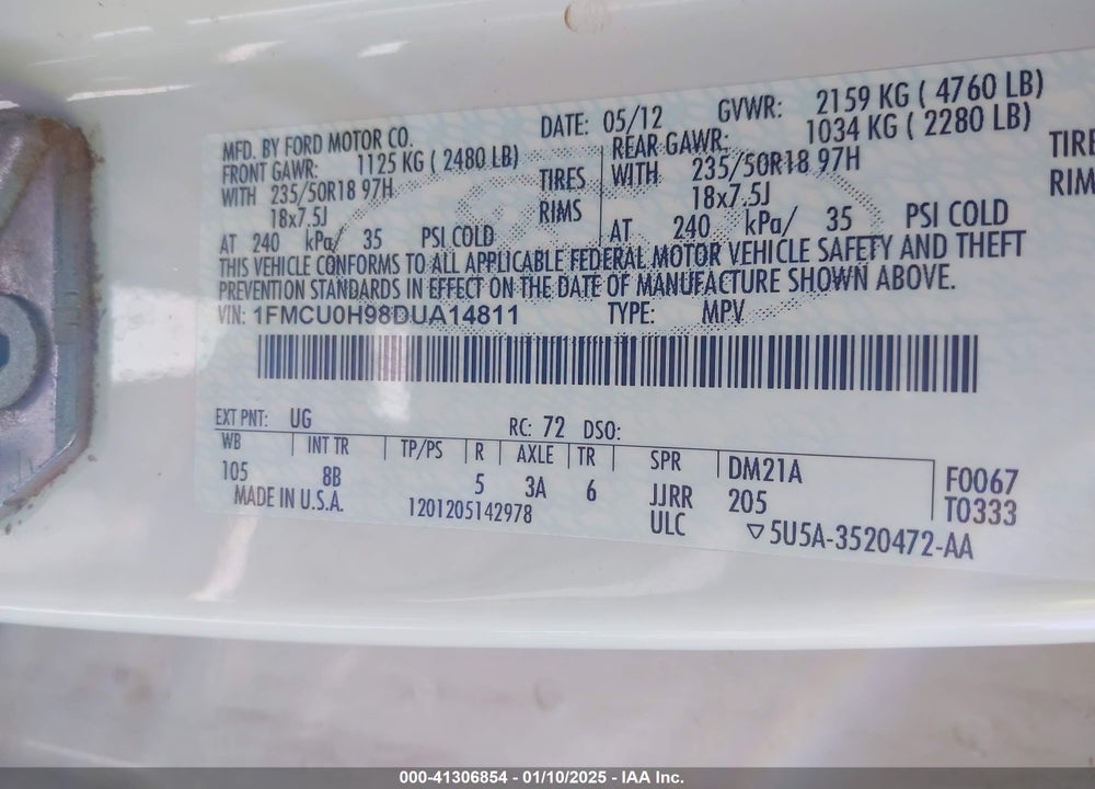 2013 FORD ESCAPE SEL VIN: 1FMCU0H98DUA14811
