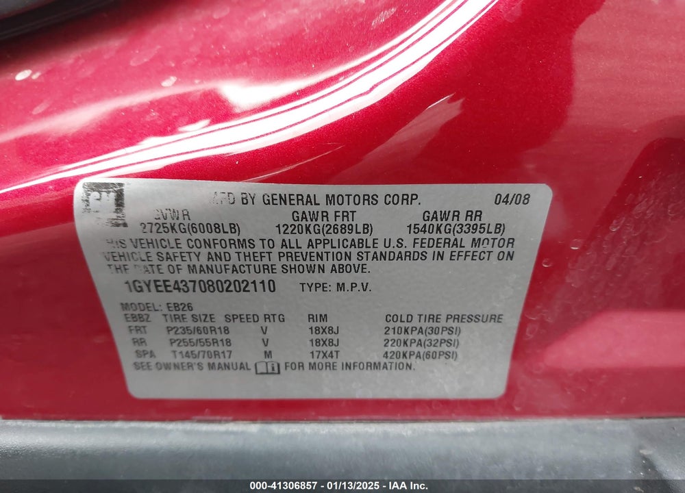 2008 CADILLAC SRX V6 VIN: 1GYEE437080202110