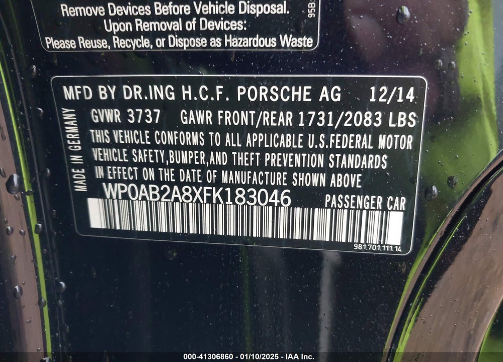2015 PORSCHE CAYMAN GTS VIN: WP0AB2A8XFK183046