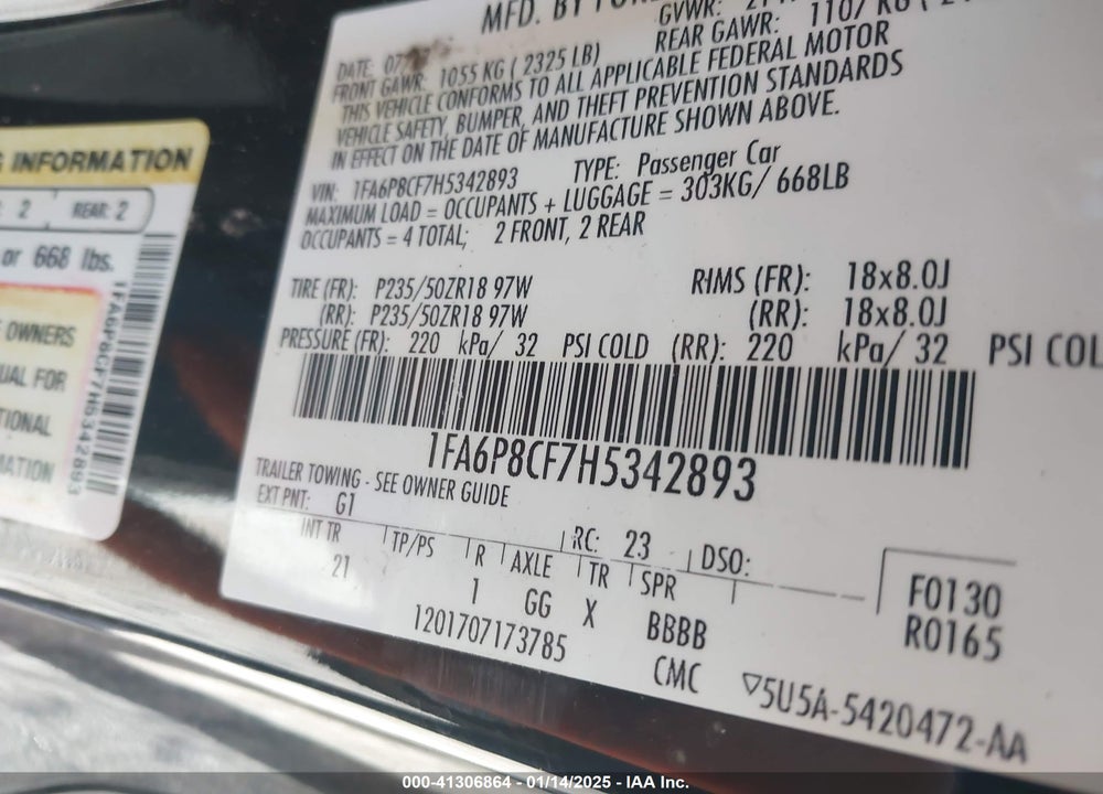 2017 FORD MUSTANG VIN: 1FA6P8CF7H5342893