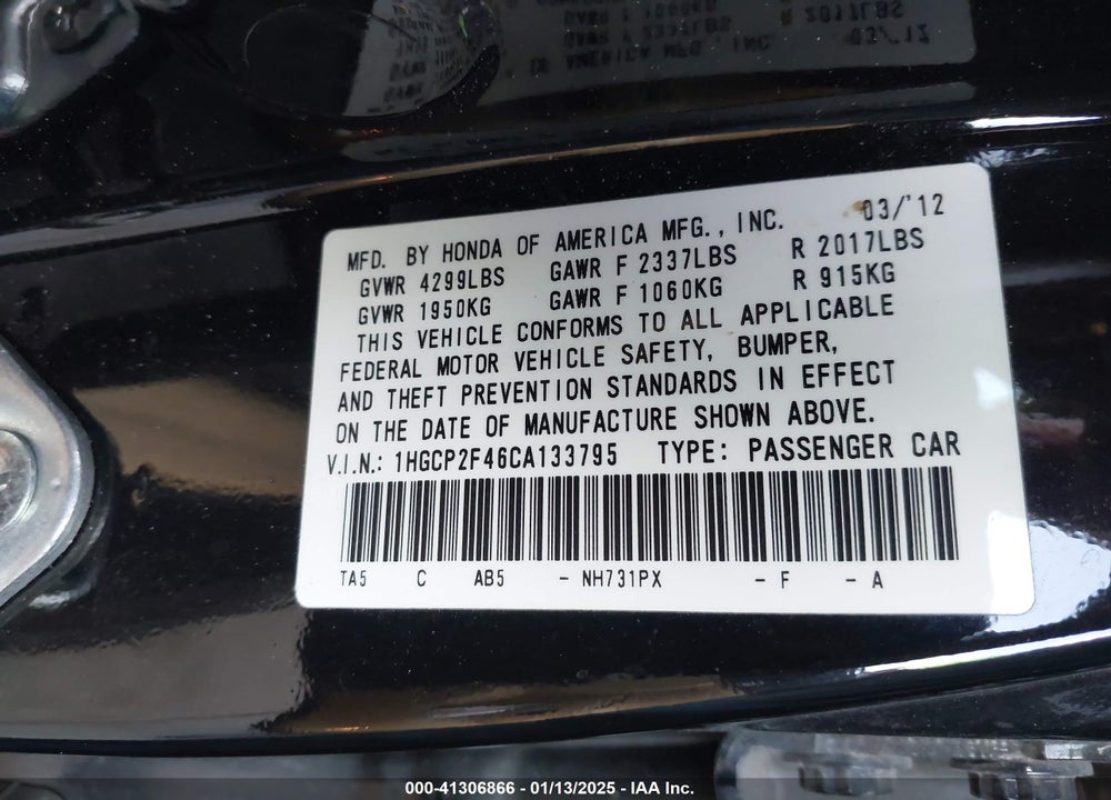 2012 HONDA ACCORD SDN VIN: 1HGCP2F46CA133795