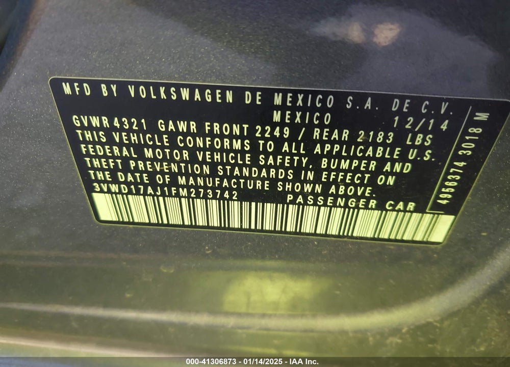 2015 VOLKSWAGEN JETTA VIN: 3VWD17AJ1FM273742