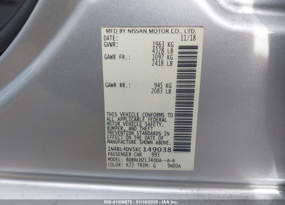 2019 NISSAN ALTIMA VIN: 1N4BL4DV5KC149038