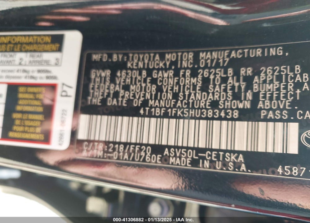 2017 TOYOTA CAMRY VIN: 4T1BF1FK5HU383438