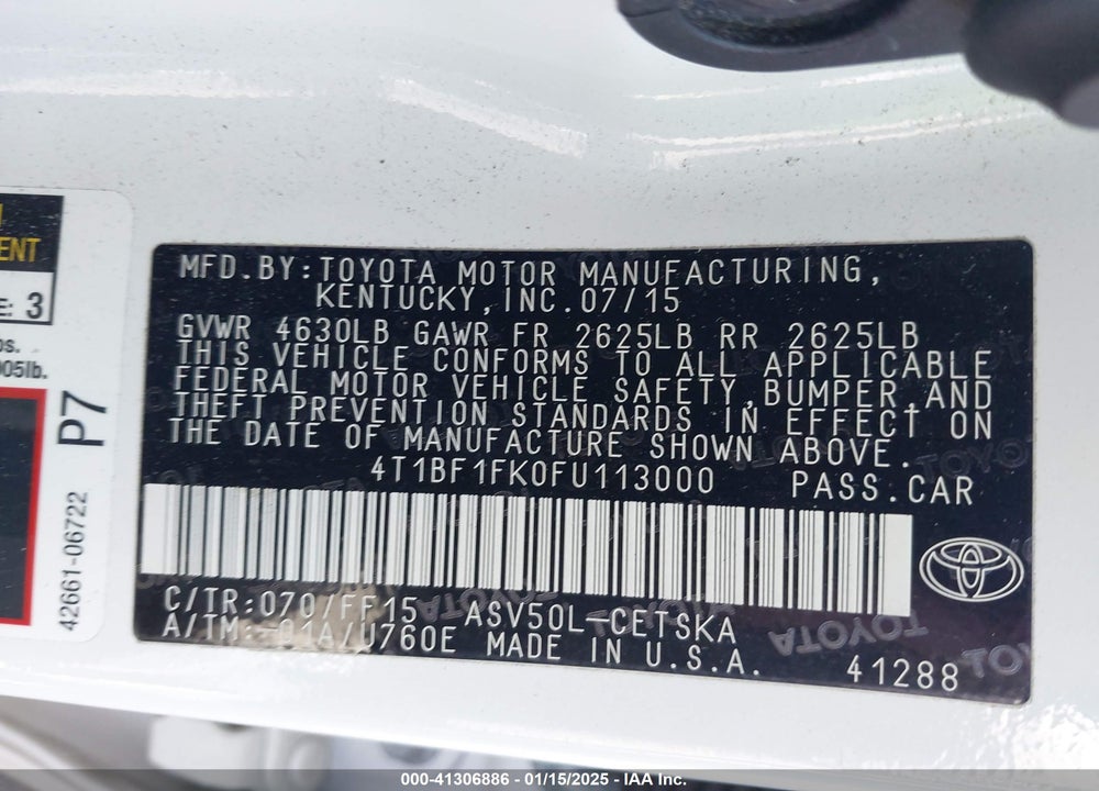 2015 TOYOTA CAMRY SE VIN: 4T1BF1FK0FU113000