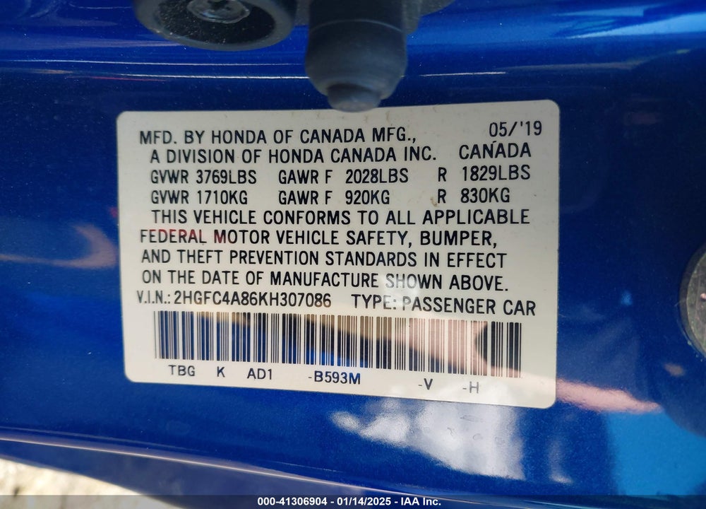 2019 HONDA CIVIC VIN: 2HGFC4A86KH307086