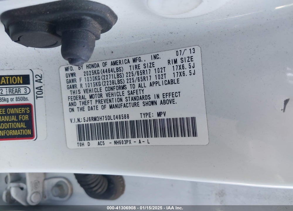 2013 HONDA CR-V EX-L VIN: 5J6RM3H75DL048588