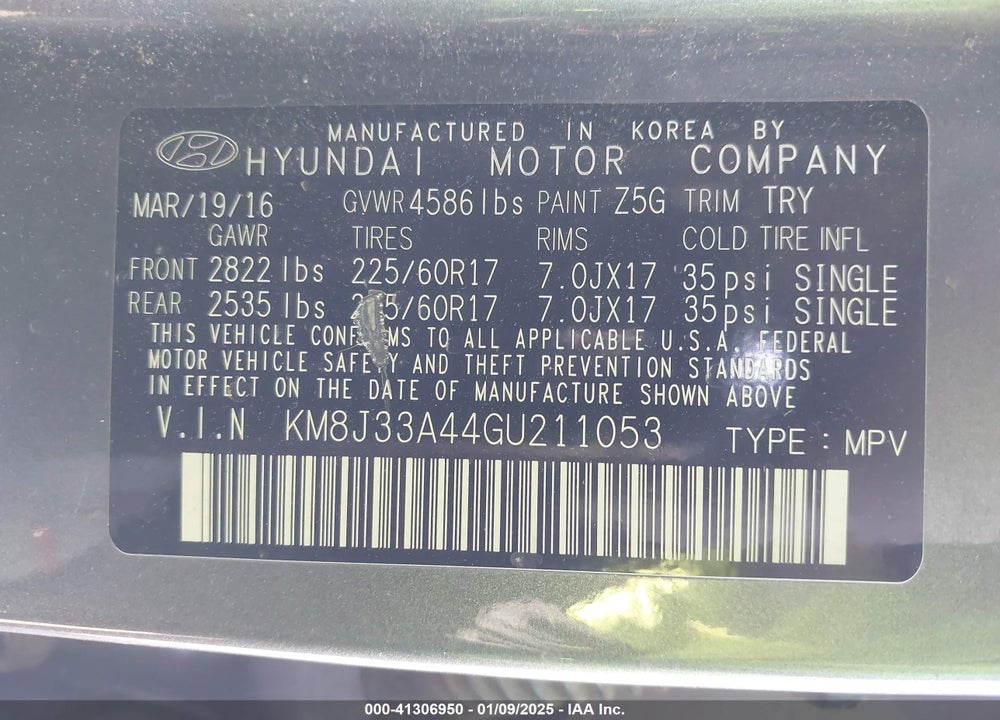 2016 HYUNDAI TUCSON SE VIN: KM8J33A44GU211053