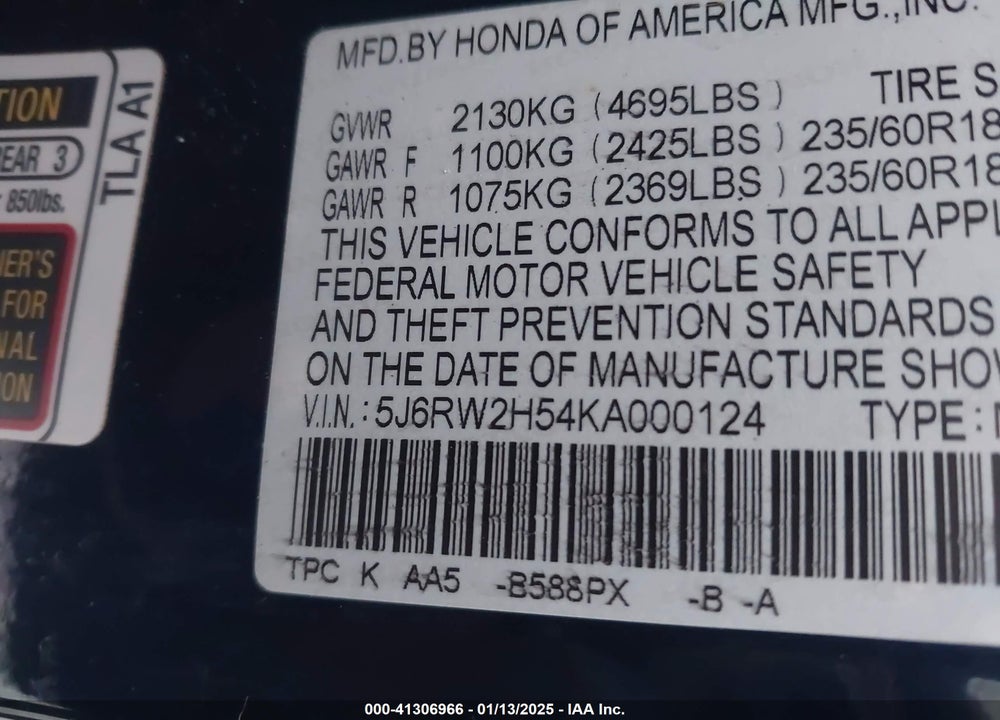 2019 HONDA CR-V EX VIN: 5J6RW2H54KA000124