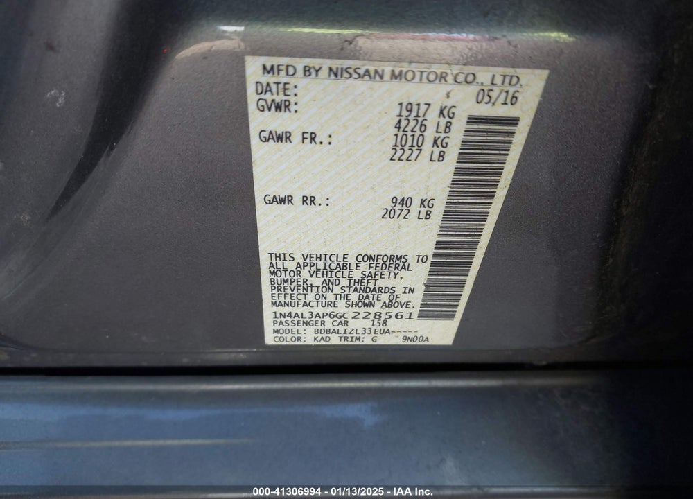 2016 NISSAN ALTIMA VIN: 1N4AL3AP6GC228561