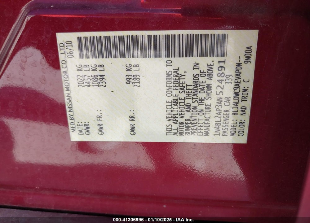 2010 NISSAN ALTIMA VIN: 1N4BL2AP3AN524891